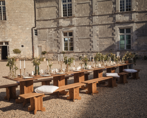 diner extérieur - location mobilier en bois mariage champetre boheme- wood stock reception - gers - sud ouest - Château de Poudenas